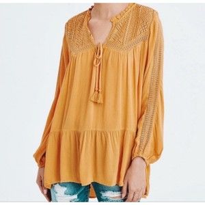 🟢 American Eagle Outfitters Mustard Yellow Crochet Lace Long Sleeve Tunic